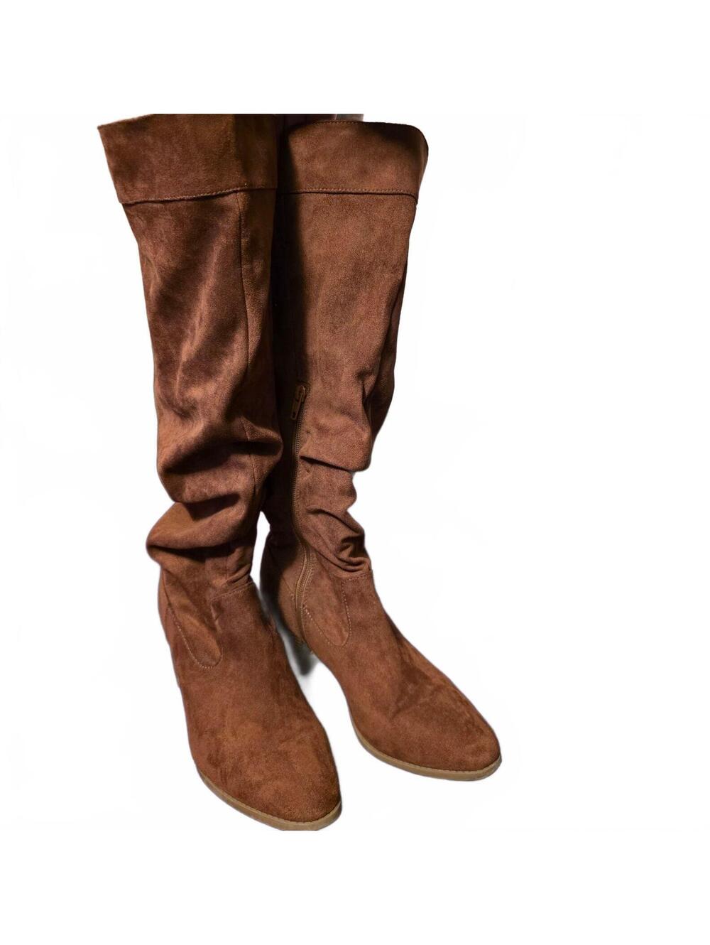 Wmn's 11 Time and Tru Brown Suede Over the Knee Block Heel Boots